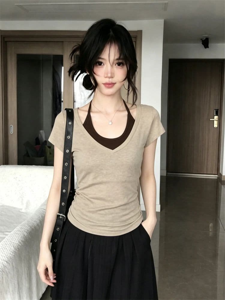 눈꽃 면 와 사고 방식 한 부서 페이크 레이어드 반팔 티셔츠 여성 여름 V넥 슬립 디자인 센스 작은 대중 맨위 셔츠 이미지 2