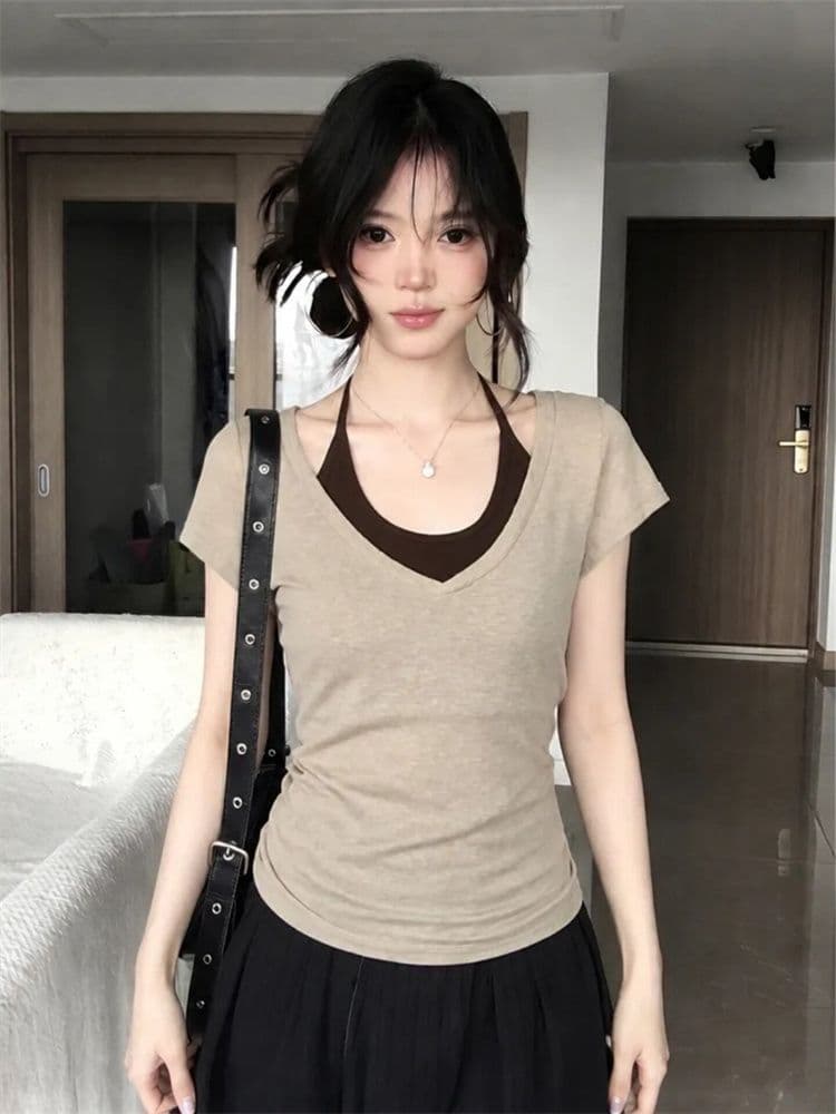 눈꽃 면 와 사고 방식 한 부서 페이크 레이어드 반팔 티셔츠 여성 여름 V넥 슬립 디자인 센스 작은 대중 맨위 셔츠 상세 이미지 2
