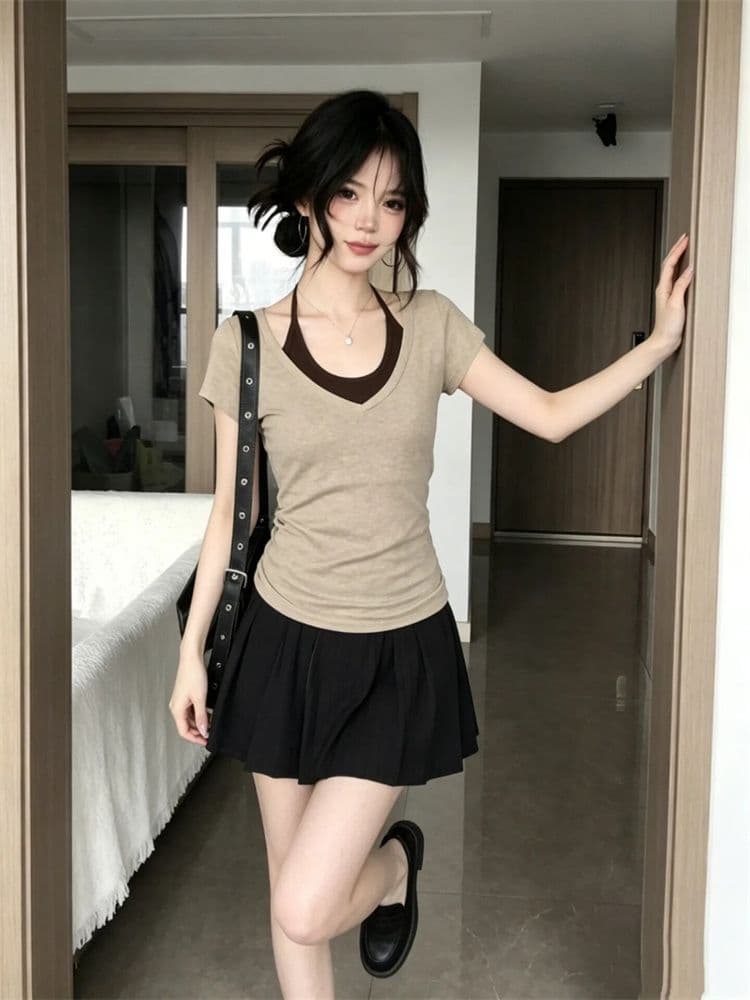 눈꽃 면 와 사고 방식 한 부서 페이크 레이어드 반팔 티셔츠 여성 여름 V넥 슬립 디자인 센스 작은 대중 맨위 셔츠 상세 이미지 5
