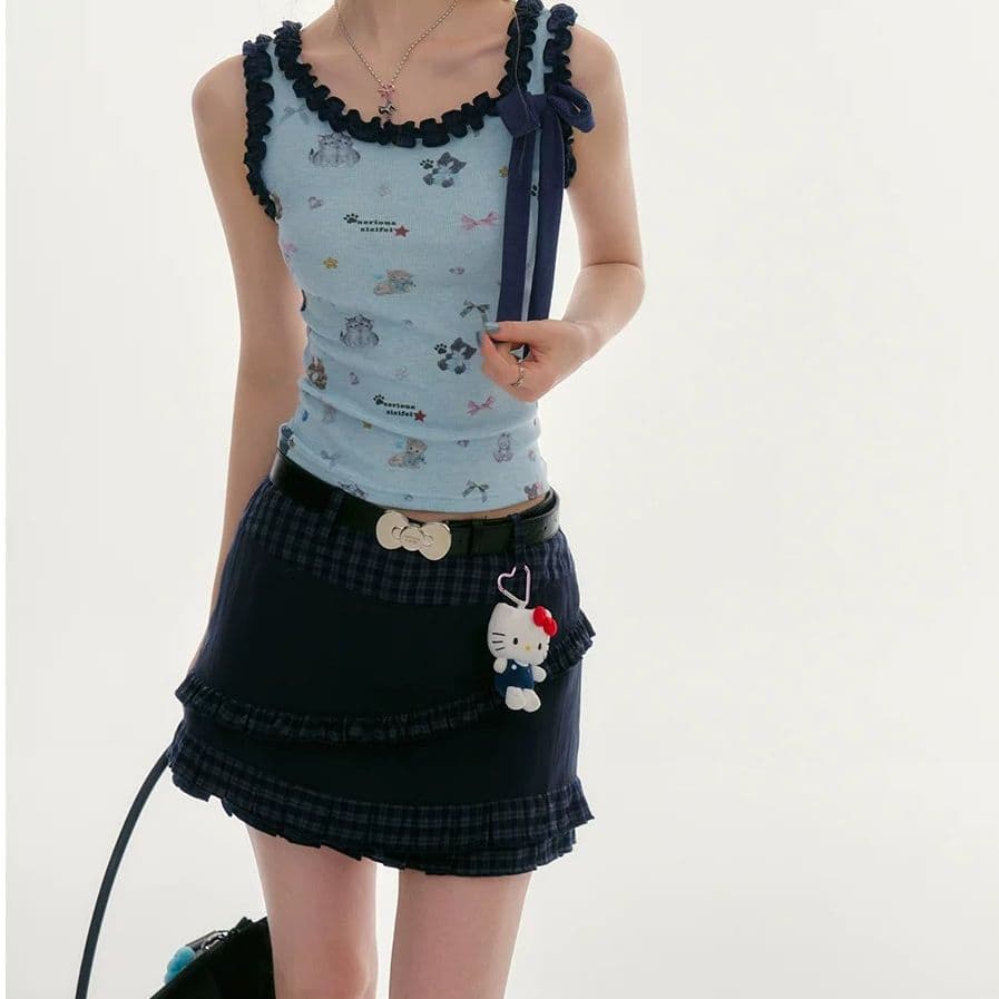 원본 이미지 원본 원단 어린애 같은 바람 프릴 프린트 민소매 조끼 파란색 품격 여성 셔츠 이미지 2