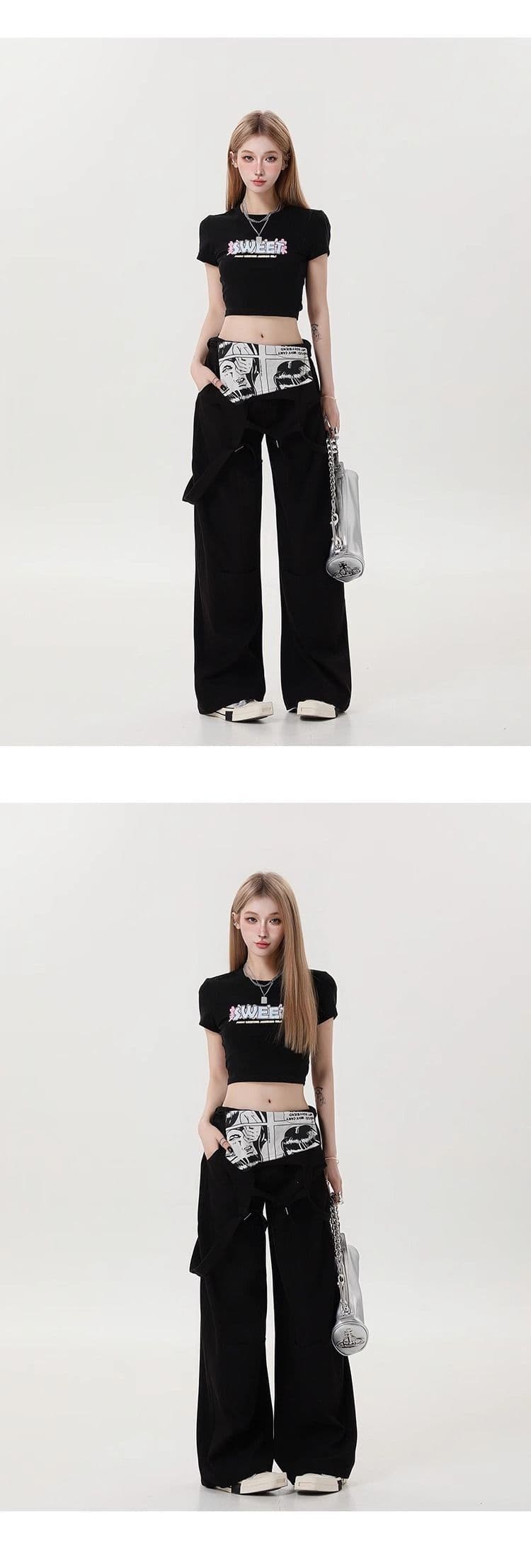 핫걸 검정색 반팔 티셔츠 여성 여름 올인원 의류 이슬 허리 몸매 가꾸기 올인원 맨위 작은 대중 디자인 센스 상세 이미지 3