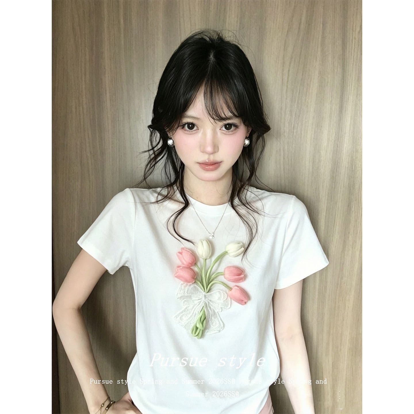 210 그램 좋은 면 한국 스타일 긍정적 인 어깨 티셔츠 여성 여름 착용 가져 가라. 3 차원 꽃 화이트 라운드 넥 반팔 디자인 센스 맨위