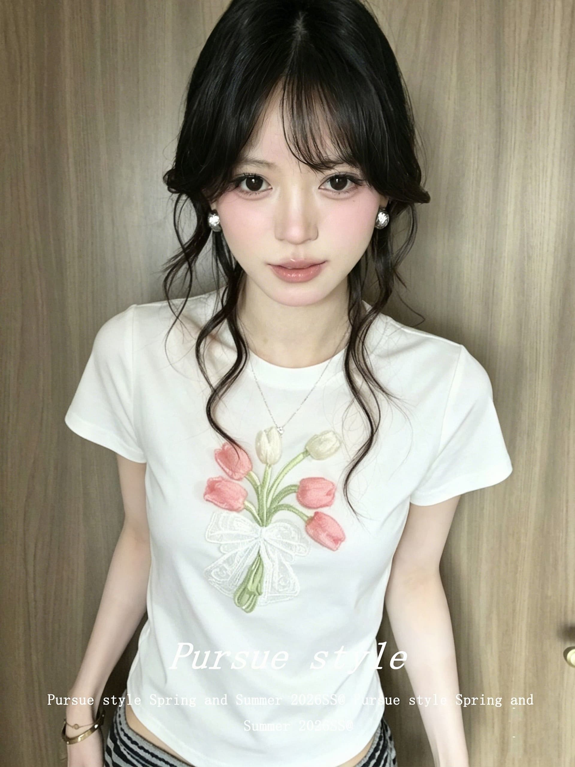 210 그램 좋은 면 한국 스타일 긍정적 인 어깨 티셔츠 여성 여름 착용 가져 가라. 3 차원 꽃 화이트 라운드 넥 반팔 디자인 센스 맨위 상세 이미지 3