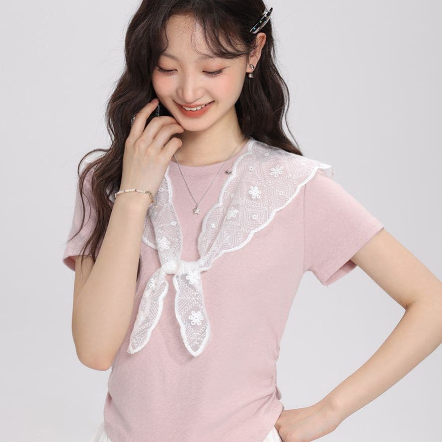 2026 여름 새로운 레이스 숄 반팔 티셔츠 여성 다용도 슬림해 보이는 주름 디자인 센스 맨위 이미지 2