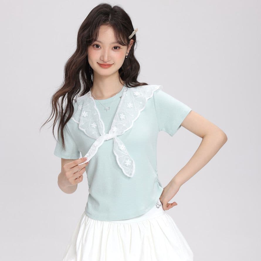 2026 여름 새로운 레이스 숄 반팔 티셔츠 여성 다용도 슬림해 보이는 주름 디자인 센스 맨위 이미지 3