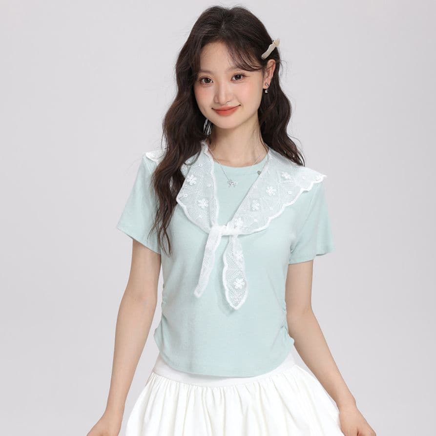 2026 여름 새로운 레이스 숄 반팔 티셔츠 여성 다용도 슬림해 보이는 주름 디자인 센스 맨위 이미지 5