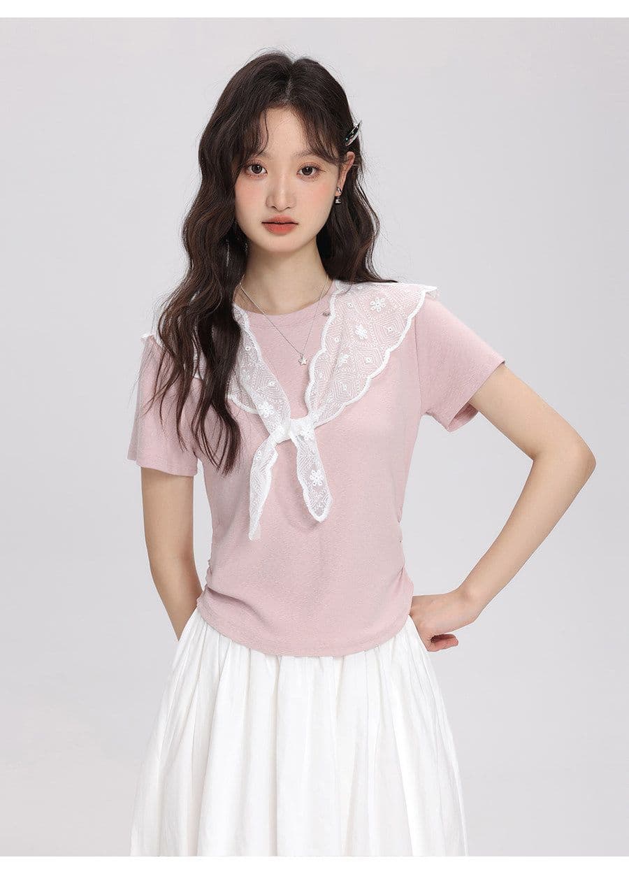 2026 여름 새로운 레이스 숄 반팔 티셔츠 여성 다용도 슬림해 보이는 주름 디자인 센스 맨위 상세 이미지 2