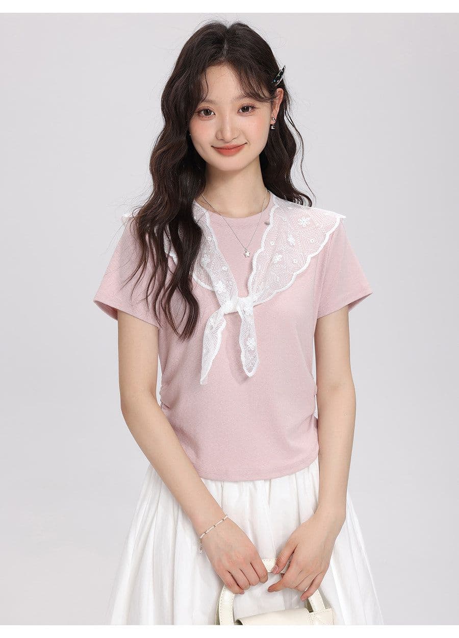 2026 여름 새로운 레이스 숄 반팔 티셔츠 여성 다용도 슬림해 보이는 주름 디자인 센스 맨위 상세 이미지 3