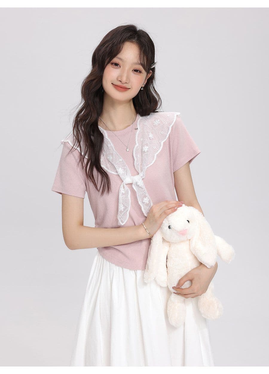 2026 여름 새로운 레이스 숄 반팔 티셔츠 여성 다용도 슬림해 보이는 주름 디자인 센스 맨위 상세 이미지 5