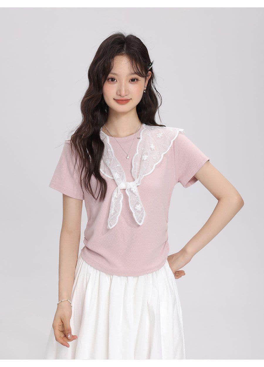 2026 여름 새로운 레이스 숄 반팔 티셔츠 여성 다용도 슬림해 보이는 주름 디자인 센스 맨위 상세 이미지 6