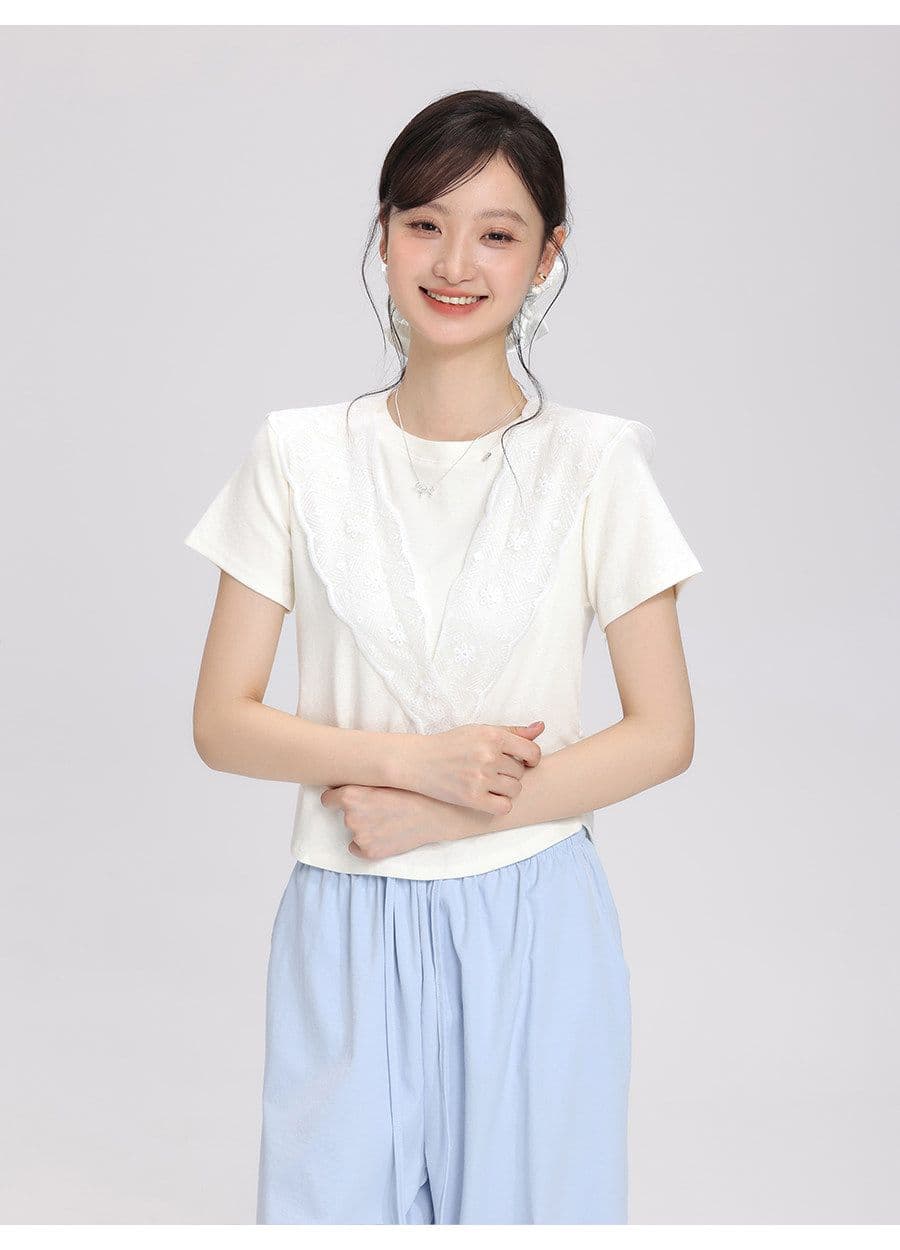2026 여름 새로운 레이스 숄 반팔 티셔츠 여성 다용도 슬림해 보이는 주름 디자인 센스 맨위 상세 이미지 13