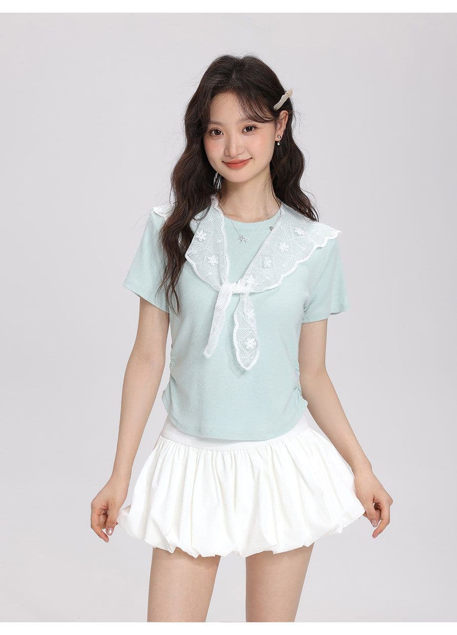 2026 여름 새로운 레이스 숄 반팔 티셔츠 여성 다용도 슬림해 보이는 주름 디자인 센스 맨위 상세 이미지 18