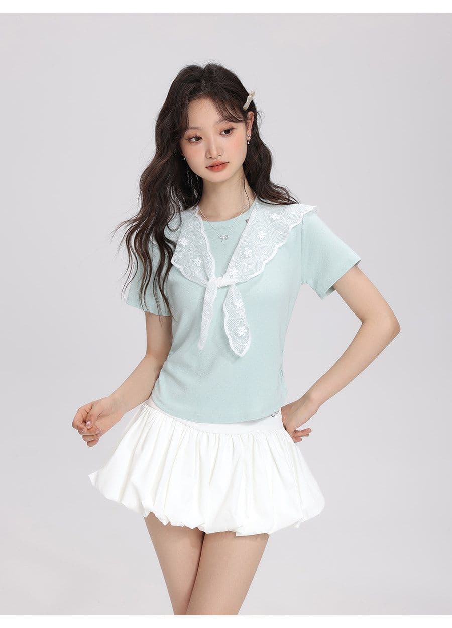 2026 여름 새로운 레이스 숄 반팔 티셔츠 여성 다용도 슬림해 보이는 주름 디자인 센스 맨위 상세 이미지 19