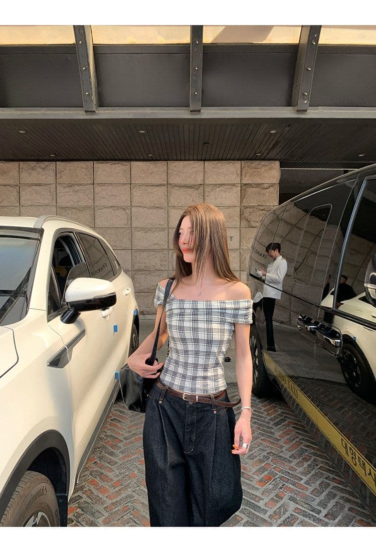 원본 것 레트로 체크무늬 체크무늬 오프숄더 민소매 티셔츠 쇼트 스타일 몸매 가꾸기 슬림해 보이는 검정색 맨위 상세 이미지 2