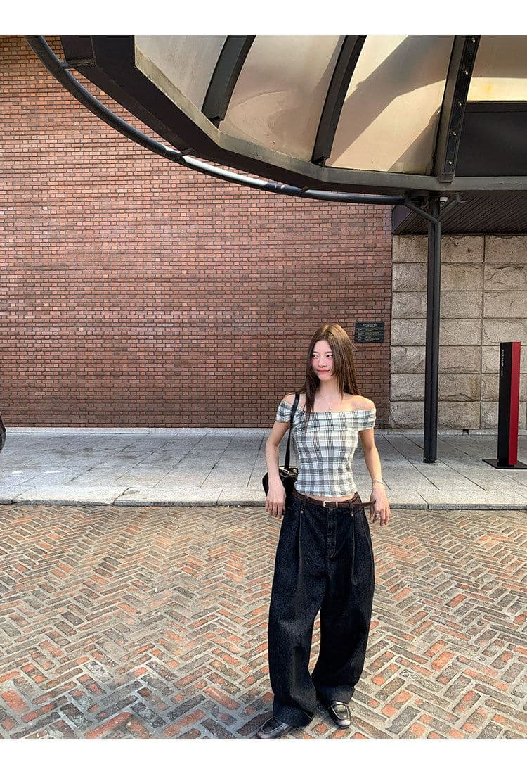 원본 것 레트로 체크무늬 체크무늬 오프숄더 민소매 티셔츠 쇼트 스타일 몸매 가꾸기 슬림해 보이는 검정색 맨위 상세 이미지 3