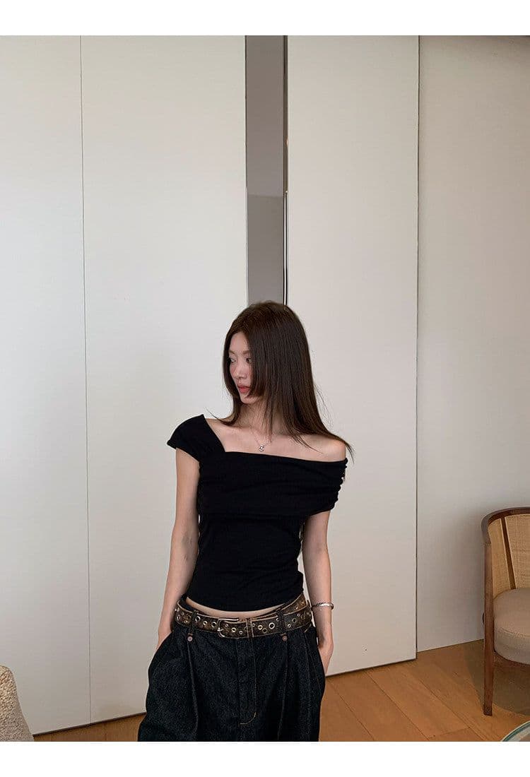 원본 것 레트로 체크무늬 체크무늬 오프숄더 민소매 티셔츠 쇼트 스타일 몸매 가꾸기 슬림해 보이는 검정색 맨위 상세 이미지 5