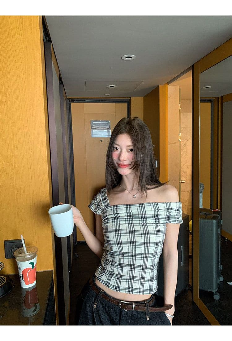 원본 것 레트로 체크무늬 체크무늬 오프숄더 민소매 티셔츠 쇼트 스타일 몸매 가꾸기 슬림해 보이는 검정색 맨위 상세 이미지 9