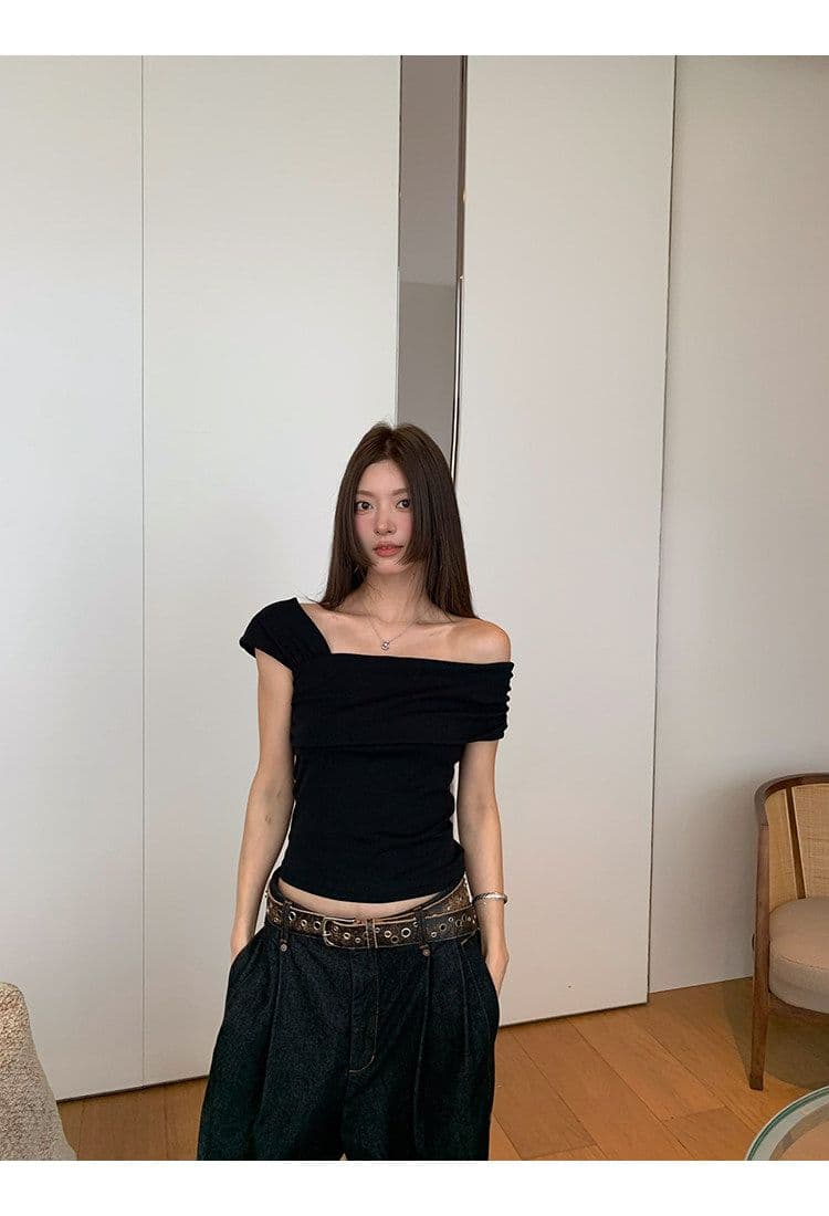 원본 것 레트로 체크무늬 체크무늬 오프숄더 민소매 티셔츠 쇼트 스타일 몸매 가꾸기 슬림해 보이는 검정색 맨위 상세 이미지 11