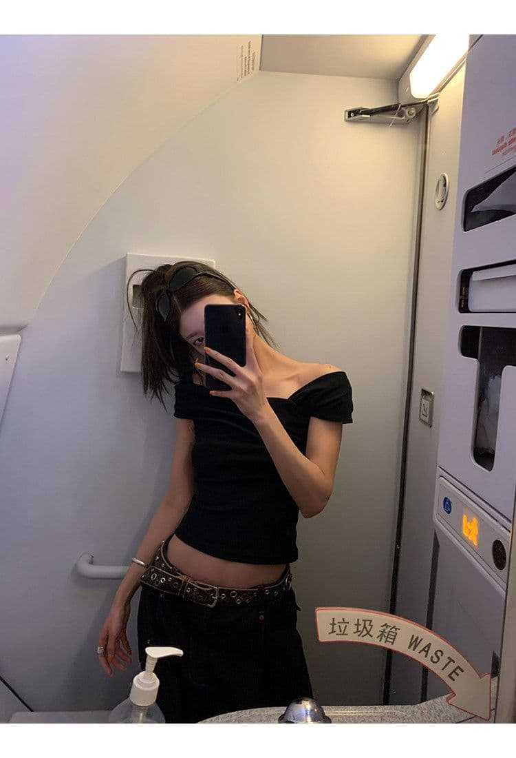 원본 것 레트로 체크무늬 체크무늬 오프숄더 민소매 티셔츠 쇼트 스타일 몸매 가꾸기 슬림해 보이는 검정색 맨위 상세 이미지 12