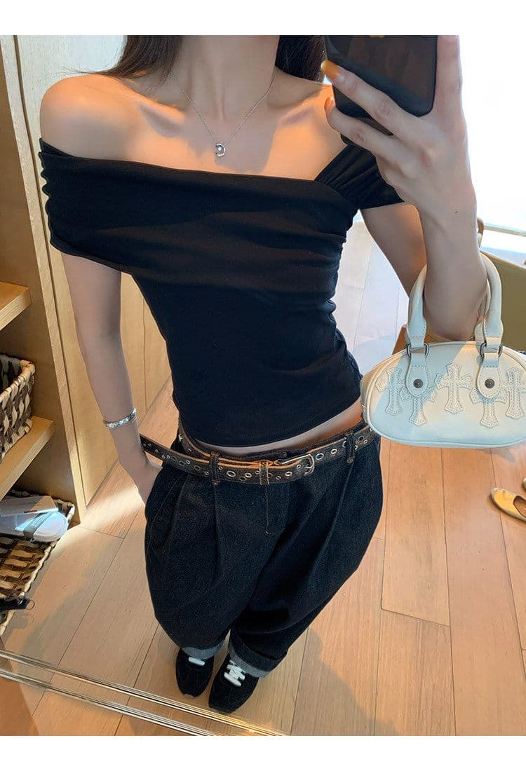 원본 것 레트로 체크무늬 체크무늬 오프숄더 민소매 티셔츠 쇼트 스타일 몸매 가꾸기 슬림해 보이는 검정색 맨위 상세 이미지 13