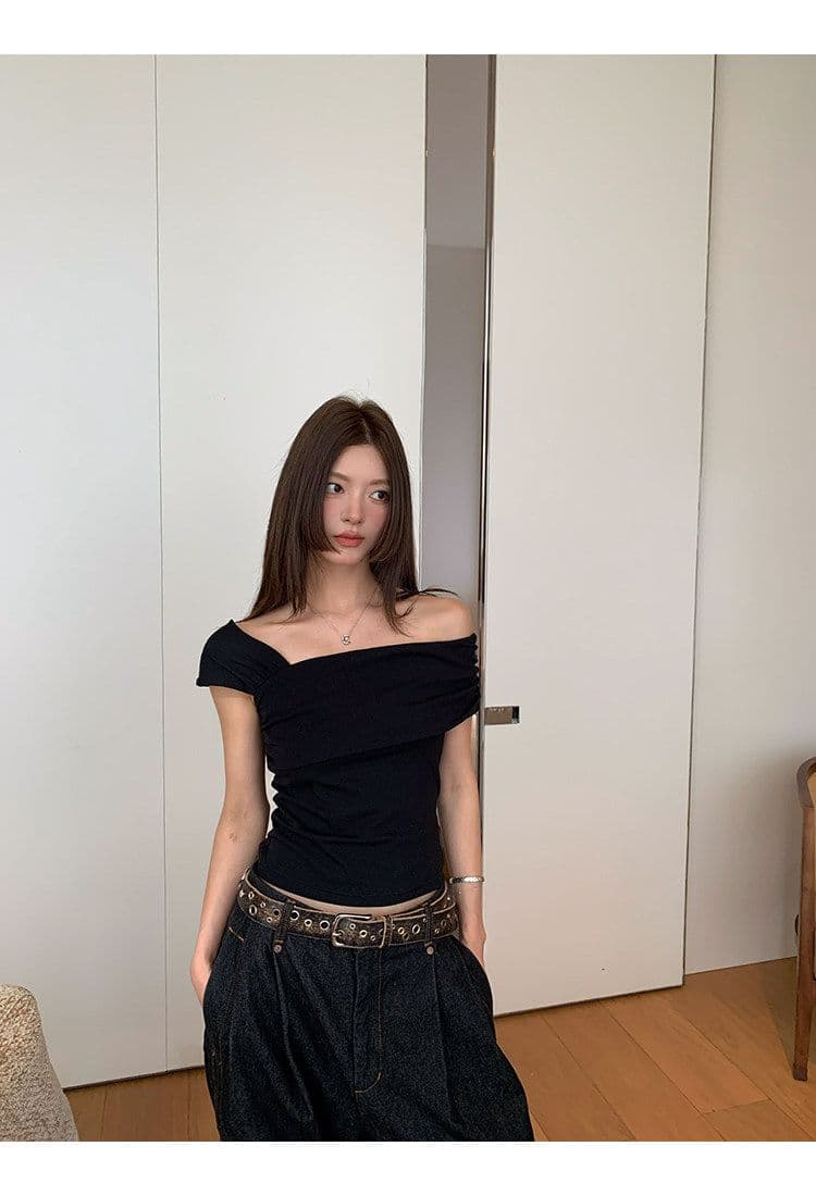 원본 것 레트로 체크무늬 체크무늬 오프숄더 민소매 티셔츠 쇼트 스타일 몸매 가꾸기 슬림해 보이는 검정색 맨위 상세 이미지 17