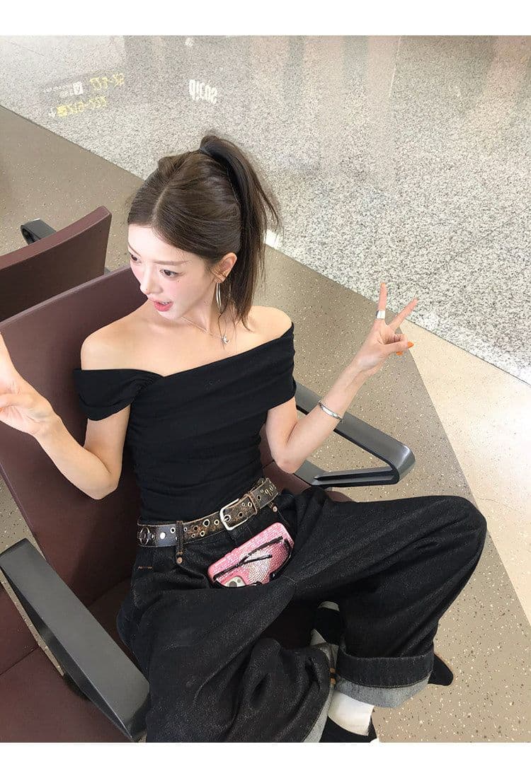 원본 것 레트로 체크무늬 체크무늬 오프숄더 민소매 티셔츠 쇼트 스타일 몸매 가꾸기 슬림해 보이는 검정색 맨위 상세 이미지 18