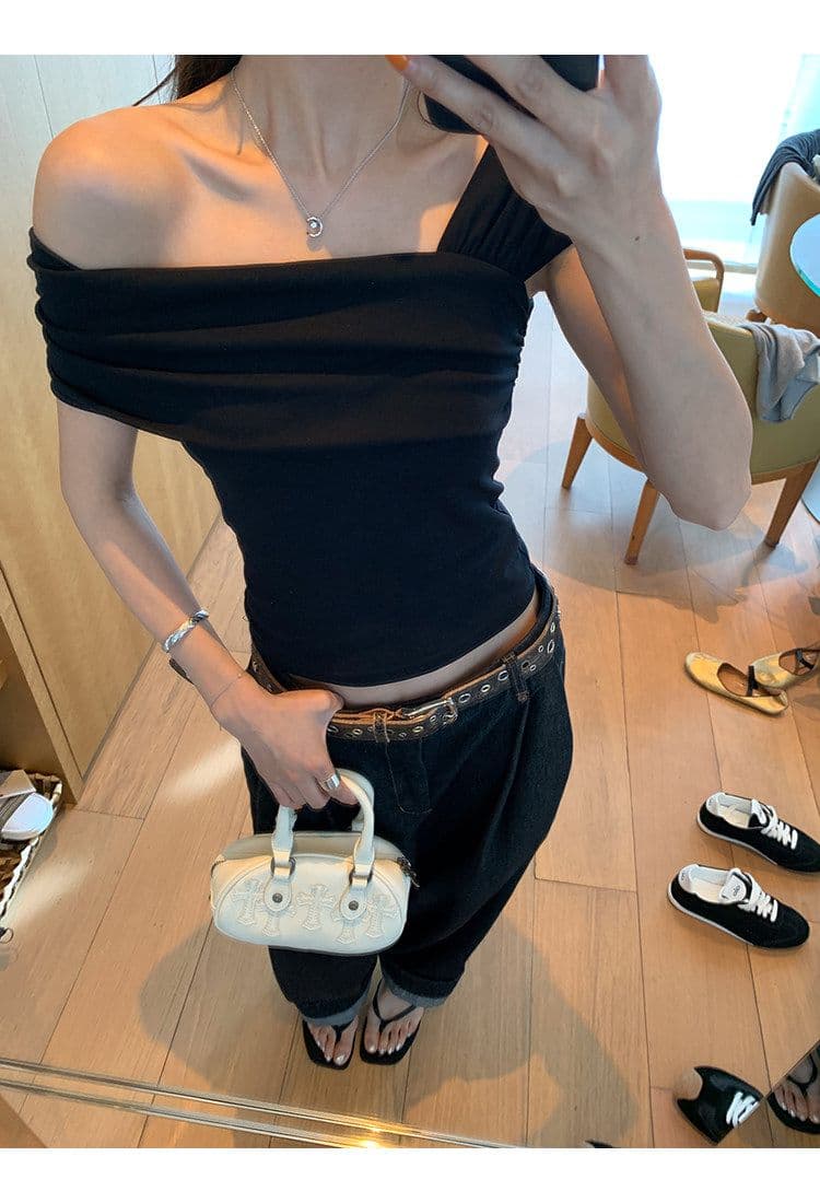 원본 것 레트로 체크무늬 체크무늬 오프숄더 민소매 티셔츠 쇼트 스타일 몸매 가꾸기 슬림해 보이는 검정색 맨위 상세 이미지 19