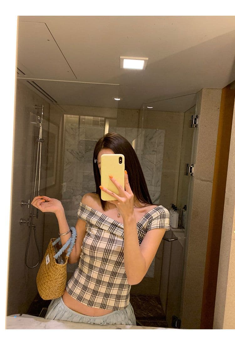 원본 것 레트로 체크무늬 체크무늬 오프숄더 민소매 티셔츠 쇼트 스타일 몸매 가꾸기 슬림해 보이는 검정색 맨위 상세 이미지 20