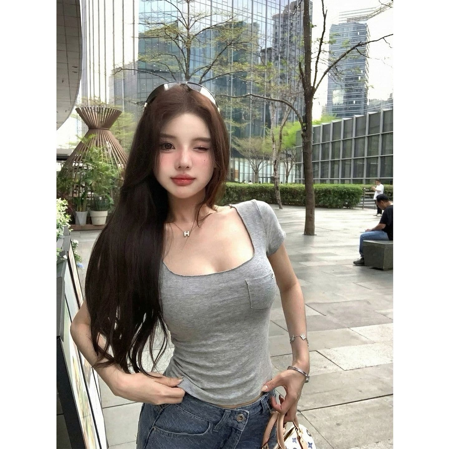 화이트 주머니 광장 칼라 반팔 티셔츠 여성 여름 몸매 가꾸기 허리 수축 핫걸 다용도 긍정적 인 어깨 슬림해 보이는 쇼트 스타일 작은 맨위