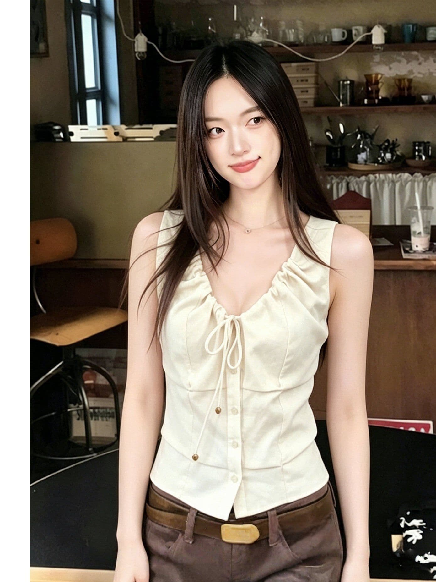 원본 품질 네리 V넥 조끼 여성 여름 비즈 핀치 Pleat 민소매 허리 수축 쇼트 스타일 작은 맨위 상세 이미지 5