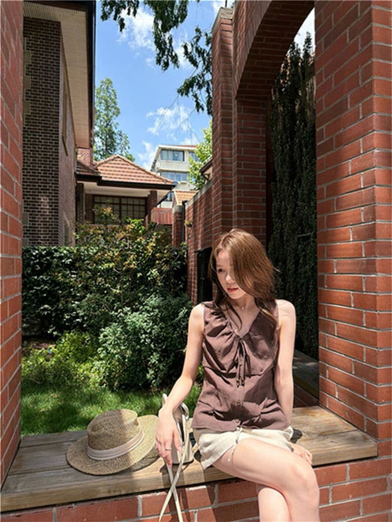 원본 품질 네리 V넥 조끼 여성 여름 비즈 핀치 Pleat 민소매 허리 수축 쇼트 스타일 작은 맨위 상세 이미지 18