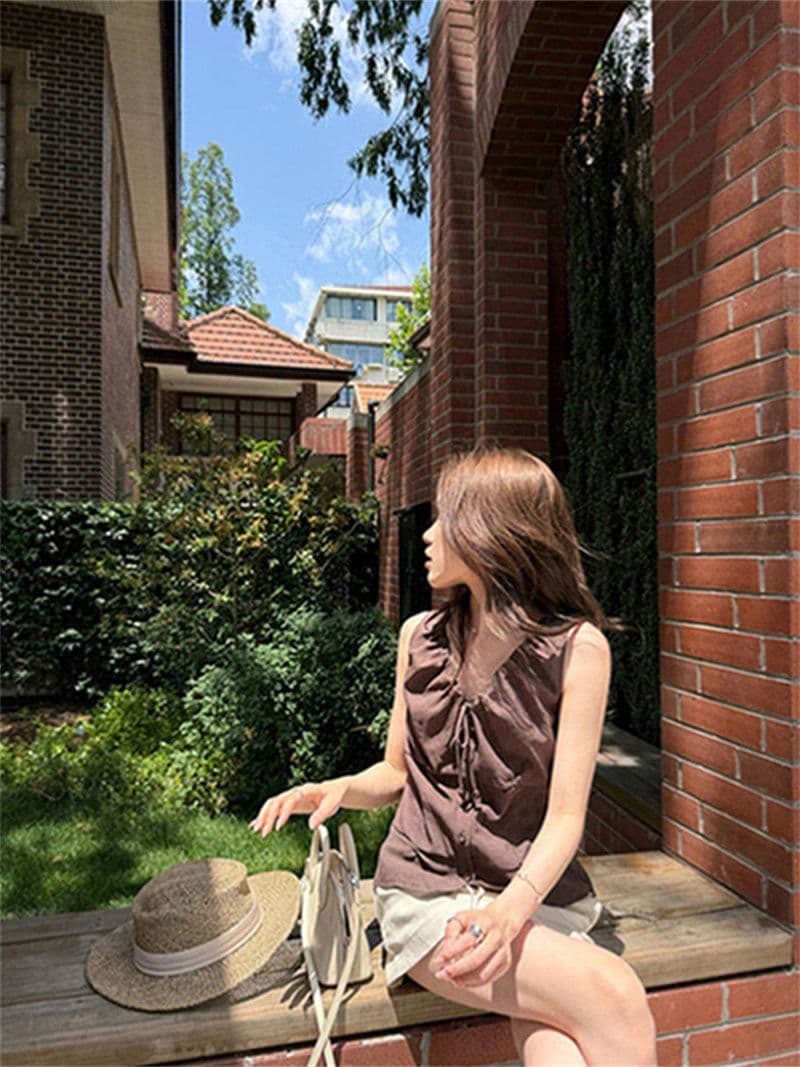 원본 품질 네리 V넥 조끼 여성 여름 비즈 핀치 Pleat 민소매 허리 수축 쇼트 스타일 작은 맨위 상세 이미지 29
