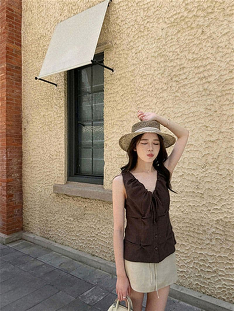 원본 품질 네리 V넥 조끼 여성 여름 비즈 핀치 Pleat 민소매 허리 수축 쇼트 스타일 작은 맨위 상세 이미지 35