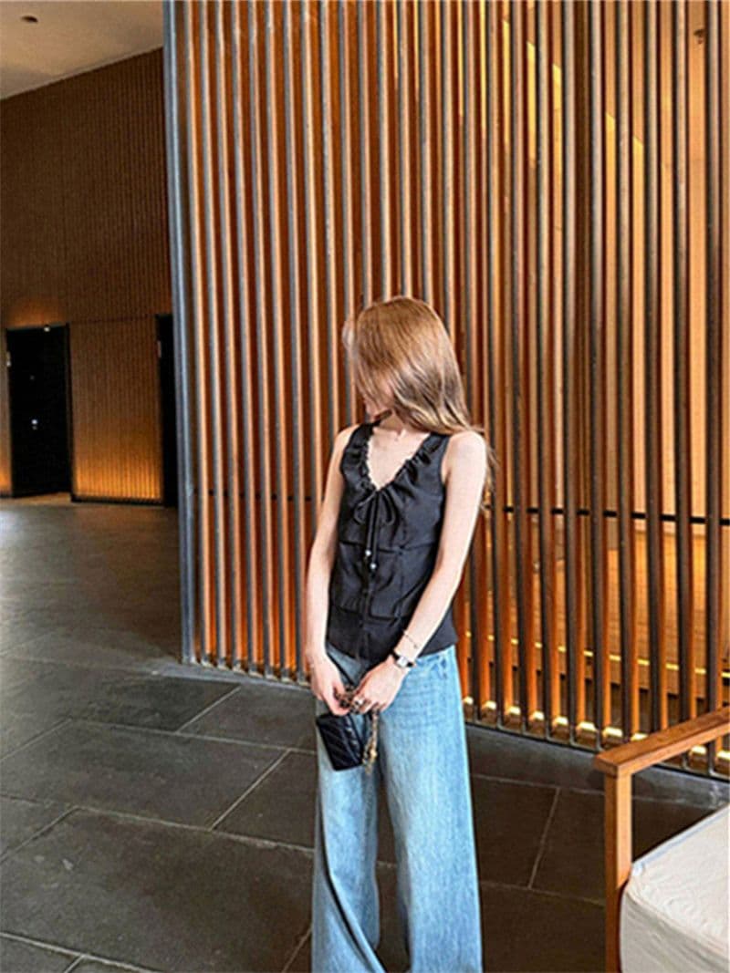원본 품질 네리 V넥 조끼 여성 여름 비즈 핀치 Pleat 민소매 허리 수축 쇼트 스타일 작은 맨위 상세 이미지 36