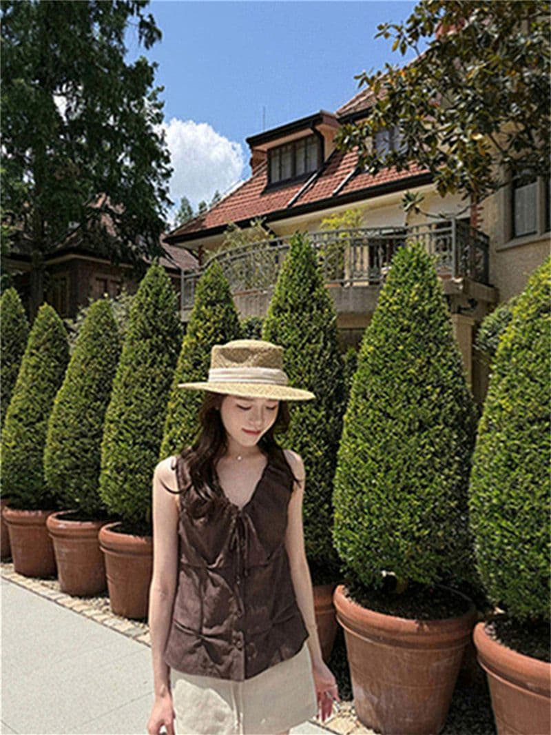 원본 품질 네리 V넥 조끼 여성 여름 비즈 핀치 Pleat 민소매 허리 수축 쇼트 스타일 작은 맨위 상세 이미지 45