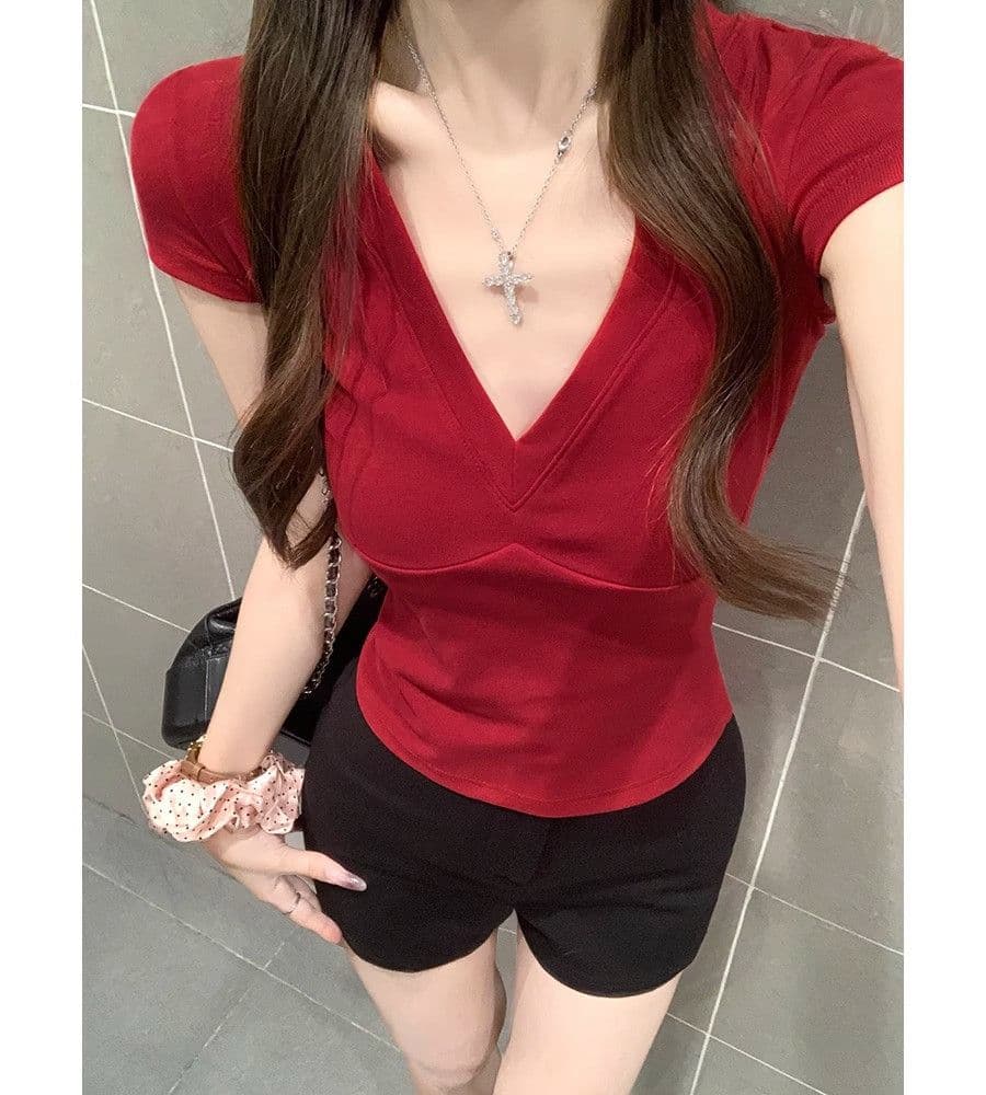40 순면 리브 95 면 5 암모니아 Lun 여름 몸매 가꾸기 쇼트 스타일 맨위 달콤한 차가운 핫걸 V넥 반팔 티셔츠 여성 상세 이미지 3