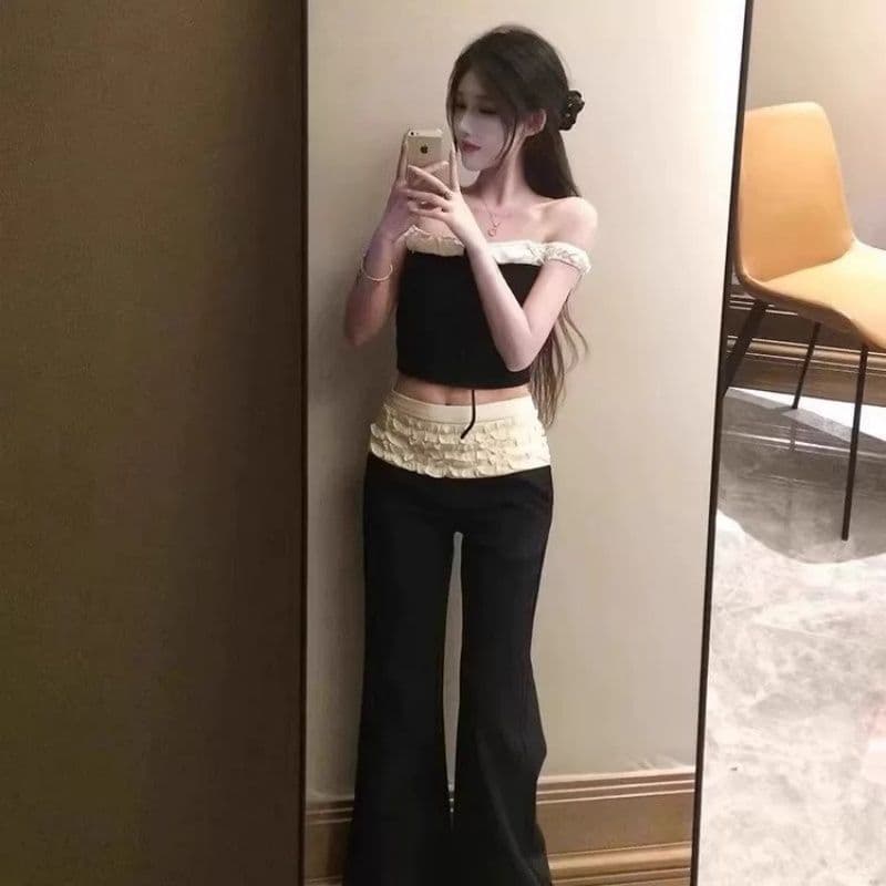 달콤한 핫걸 아메리칸 레트로 흑인과 백인 패치워크 오프숄더 반팔 티셔츠 여성 여름 새로운 핫걸 섹시함 맨위 이미지 2