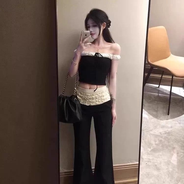 달콤한 핫걸 아메리칸 레트로 흑인과 백인 패치워크 오프숄더 반팔 티셔츠 여성 여름 새로운 핫걸 섹시함 맨위 상세 이미지 1
