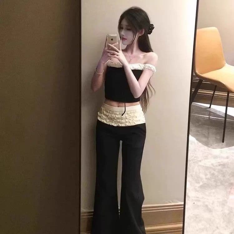 달콤한 핫걸 아메리칸 레트로 흑인과 백인 패치워크 오프숄더 반팔 티셔츠 여성 여름 새로운 핫걸 섹시함 맨위 상세 이미지 2