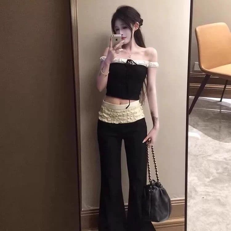 달콤한 핫걸 아메리칸 레트로 흑인과 백인 패치워크 오프숄더 반팔 티셔츠 여성 여름 새로운 핫걸 섹시함 맨위 상세 이미지 3