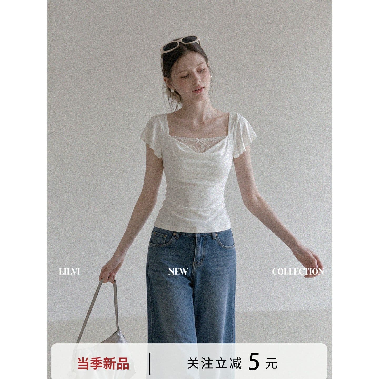 프랑스식 레이스 조각 광장 칼라 작은 맨위 여성 여름 새로운 흔들다 칼라 작은 날다 소매 몸매 가꾸기 다용도 맨위 이미지 2
