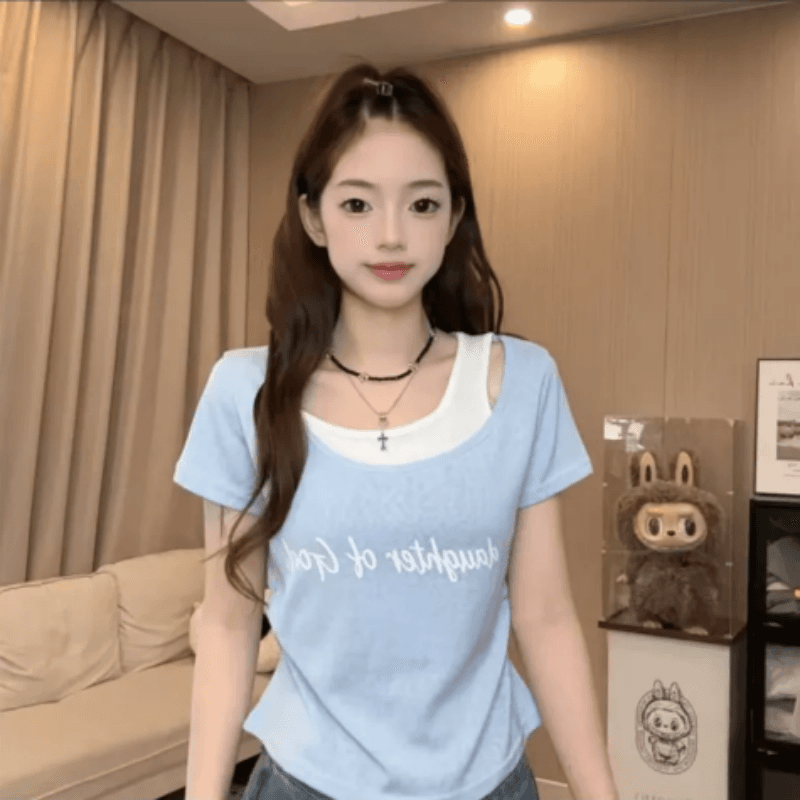 달콤한 매운맛 바람 페이크 레이어드 라운드 넥 알파벳 반팔 티셔츠 몸매 가꾸기 슬림해 보이는 다용도 여성 이미지 5