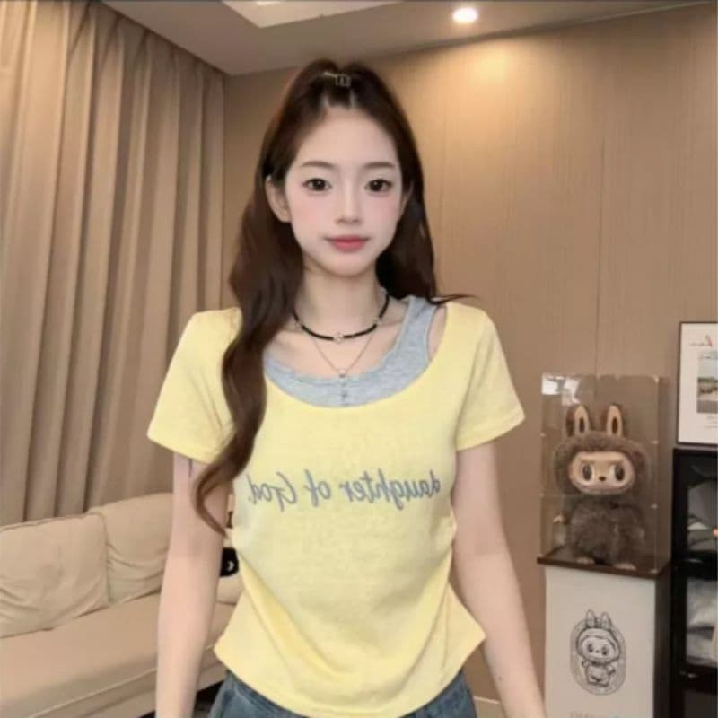 달콤한 매운맛 바람 페이크 레이어드 라운드 넥 알파벳 반팔 티셔츠 몸매 가꾸기 슬림해 보이는 다용도 여성 상세 이미지 4