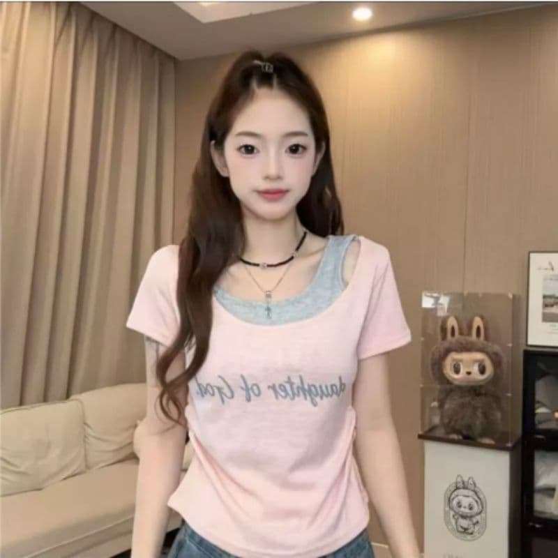 달콤한 매운맛 바람 페이크 레이어드 라운드 넥 알파벳 반팔 티셔츠 몸매 가꾸기 슬림해 보이는 다용도 여성 상세 이미지 5