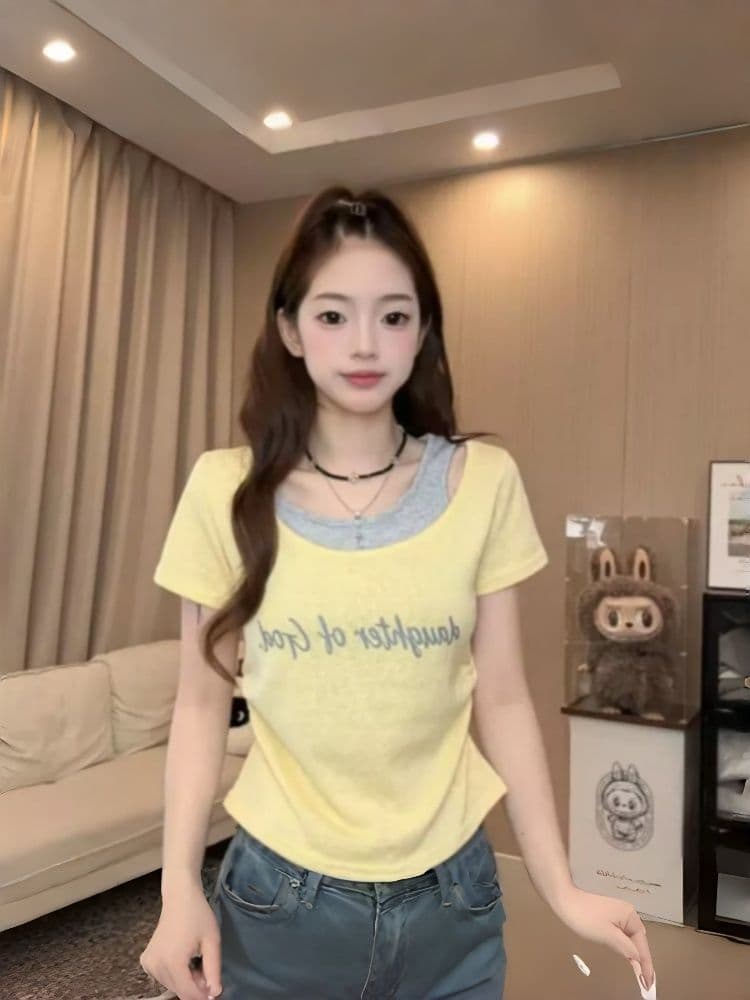 달콤한 매운맛 바람 페이크 레이어드 라운드 넥 알파벳 반팔 티셔츠 몸매 가꾸기 슬림해 보이는 다용도 여성 상세 이미지 6