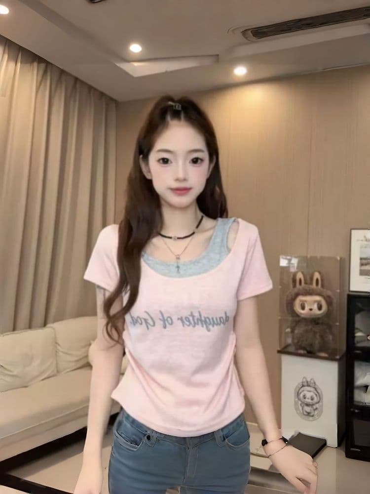 달콤한 매운맛 바람 페이크 레이어드 라운드 넥 알파벳 반팔 티셔츠 몸매 가꾸기 슬림해 보이는 다용도 여성 상세 이미지 7