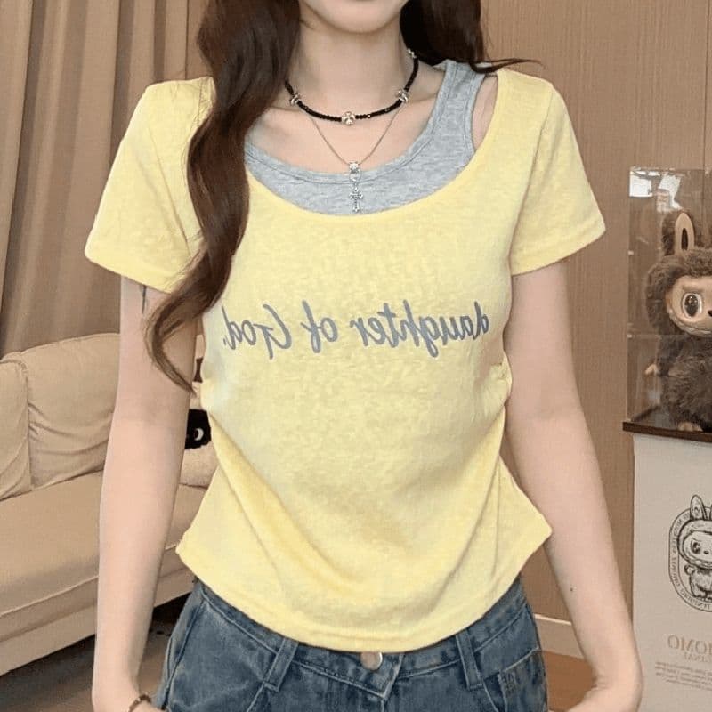 달콤한 매운맛 바람 페이크 레이어드 라운드 넥 알파벳 반팔 티셔츠 몸매 가꾸기 슬림해 보이는 다용도 여성 상세 이미지 9