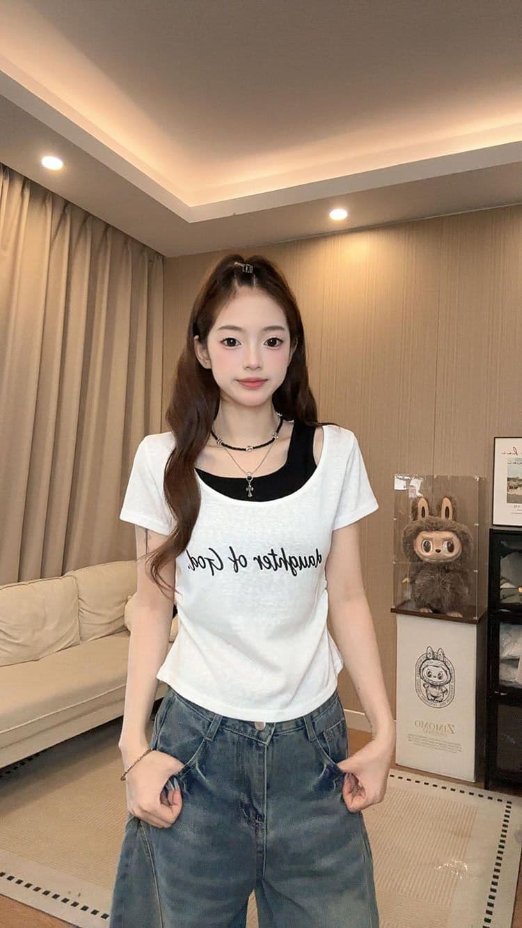 달콤한 매운맛 바람 페이크 레이어드 라운드 넥 알파벳 반팔 티셔츠 몸매 가꾸기 슬림해 보이는 다용도 여성 상세 이미지 12