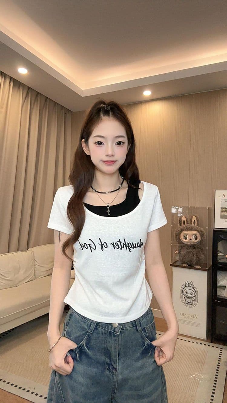 달콤한 매운맛 바람 페이크 레이어드 라운드 넥 알파벳 반팔 티셔츠 몸매 가꾸기 슬림해 보이는 다용도 여성 상세 이미지 13