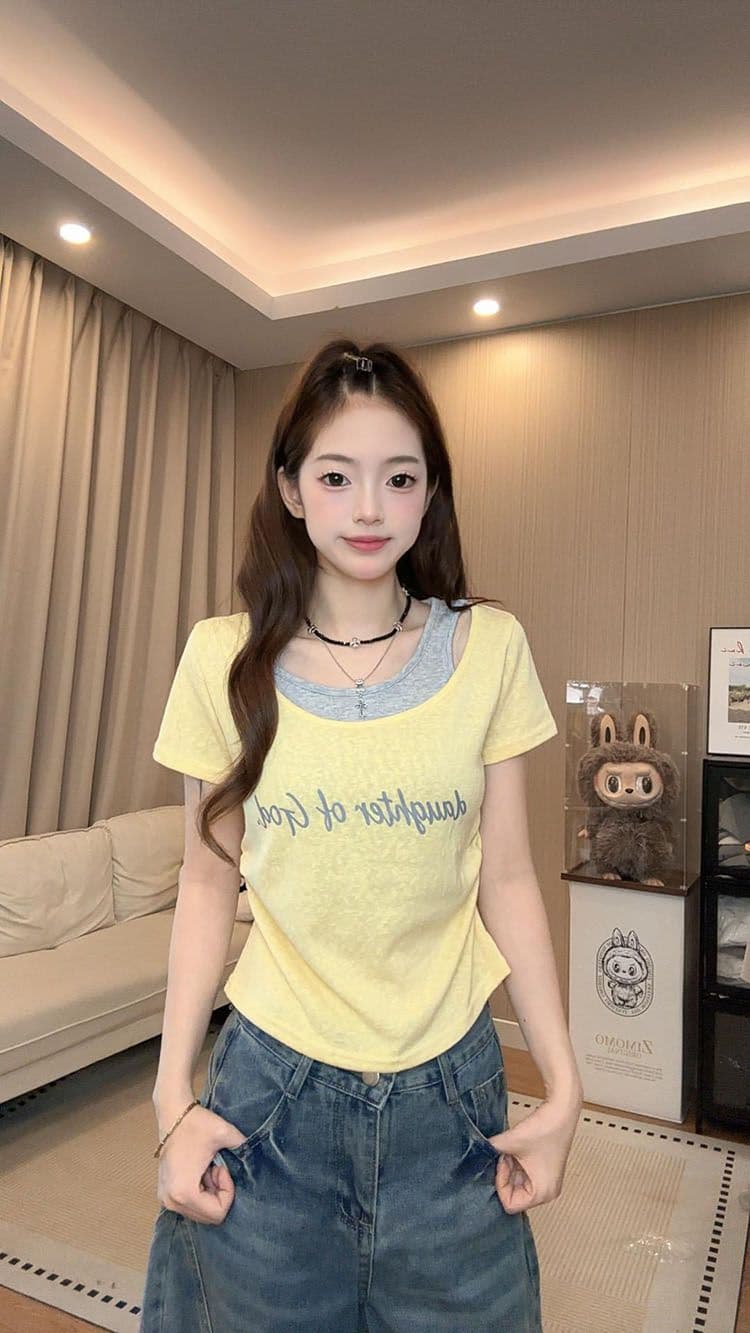 달콤한 매운맛 바람 페이크 레이어드 라운드 넥 알파벳 반팔 티셔츠 몸매 가꾸기 슬림해 보이는 다용도 여성 상세 이미지 15